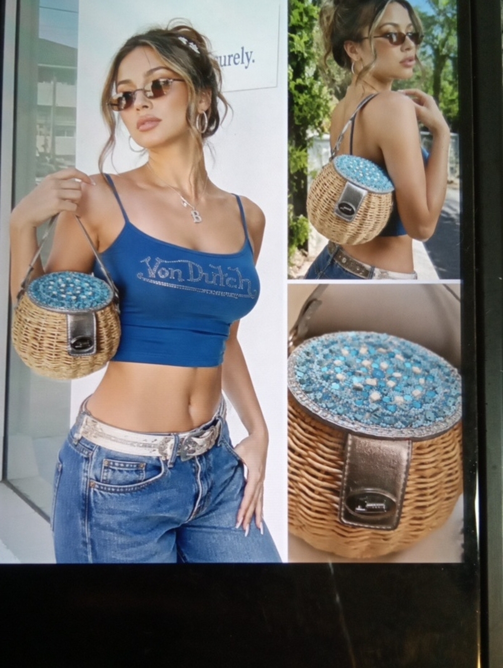 Woven Rattan Basket Bag with Turquoise Beaded Lid Cappelli Vintage Beach